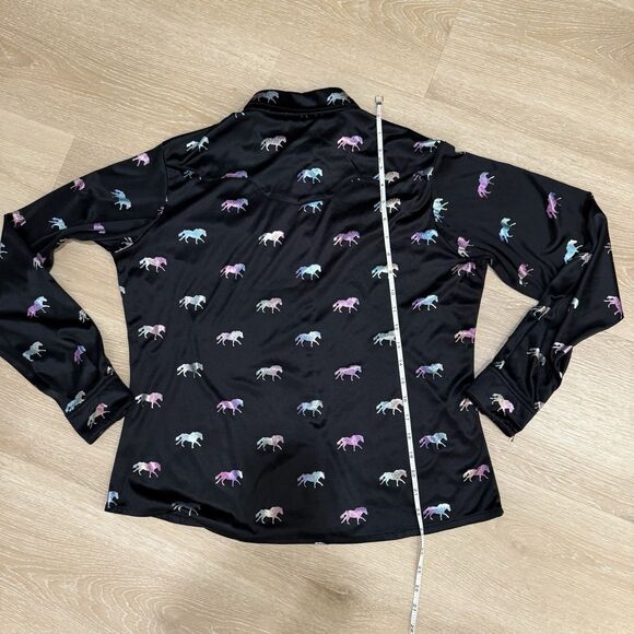 Wrangler Western Shirt Snap Buttons Hologram Horse Print Womens Sz M Black Satin - Picture 8 of 11